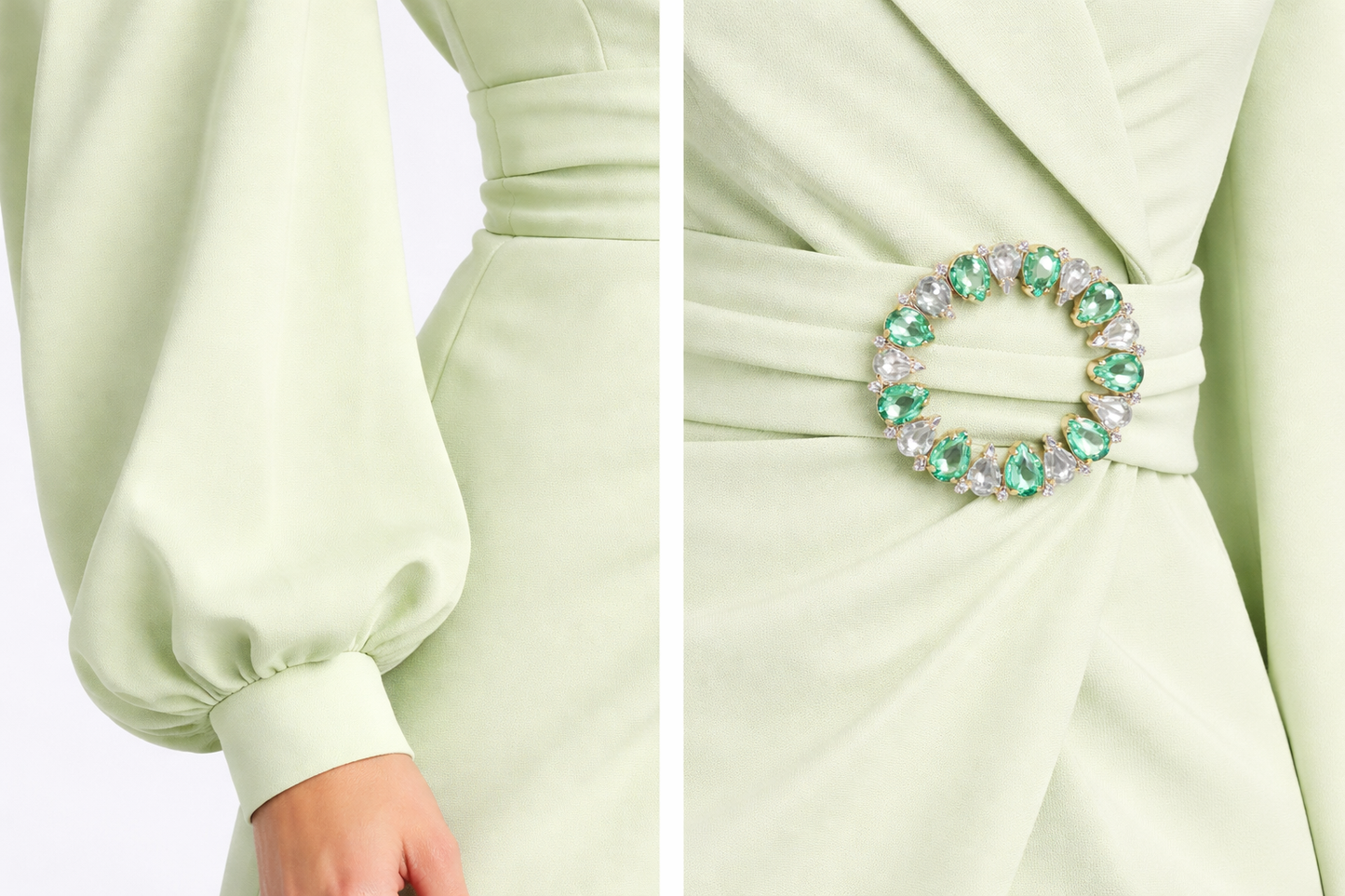 Abito blazer verde pastello con cintura gioiello