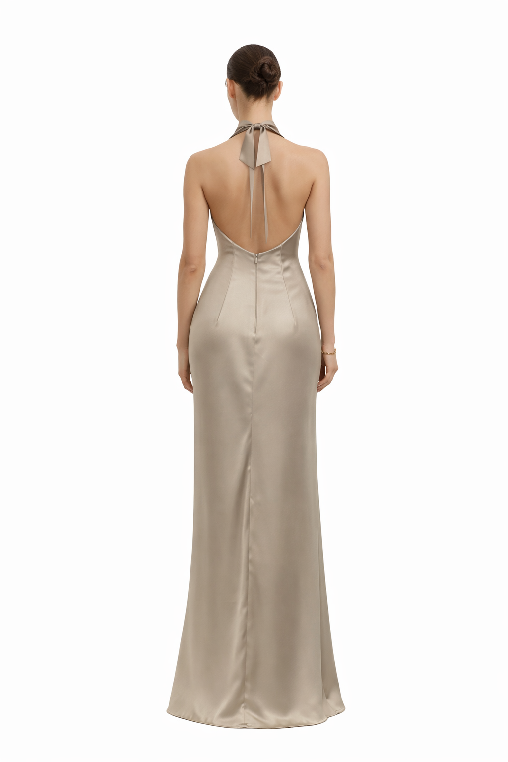 Abito lungo in raso con drappeggio e nodo laterale